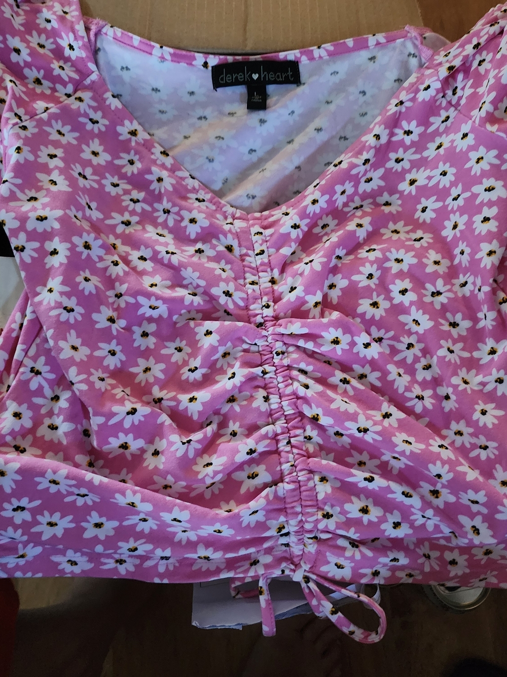 Derek Heart Pink Daisy Ruched Front Tie Top